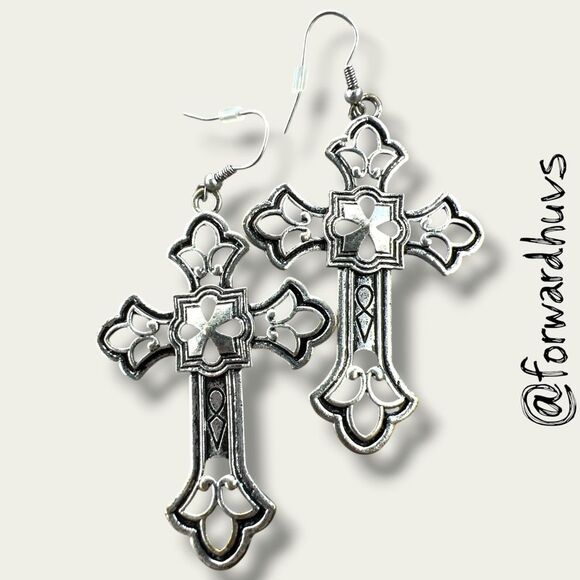 Bundle Sale 3 for $15 | Large Silver-Tone Cross Earrings – Statement Size - Picture 4 of 5